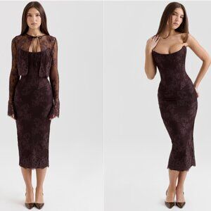 HOUSE OF CB 'Larra' Bitter Chocolate Lace Corset Midi Dress & Bolero NWOT
